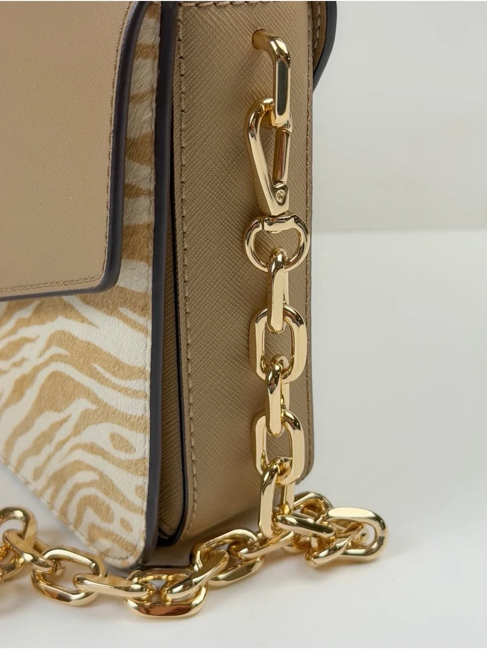 Michael Kors Tan Animal Print Leather Crossbody Shoulder Bag Gold Chain